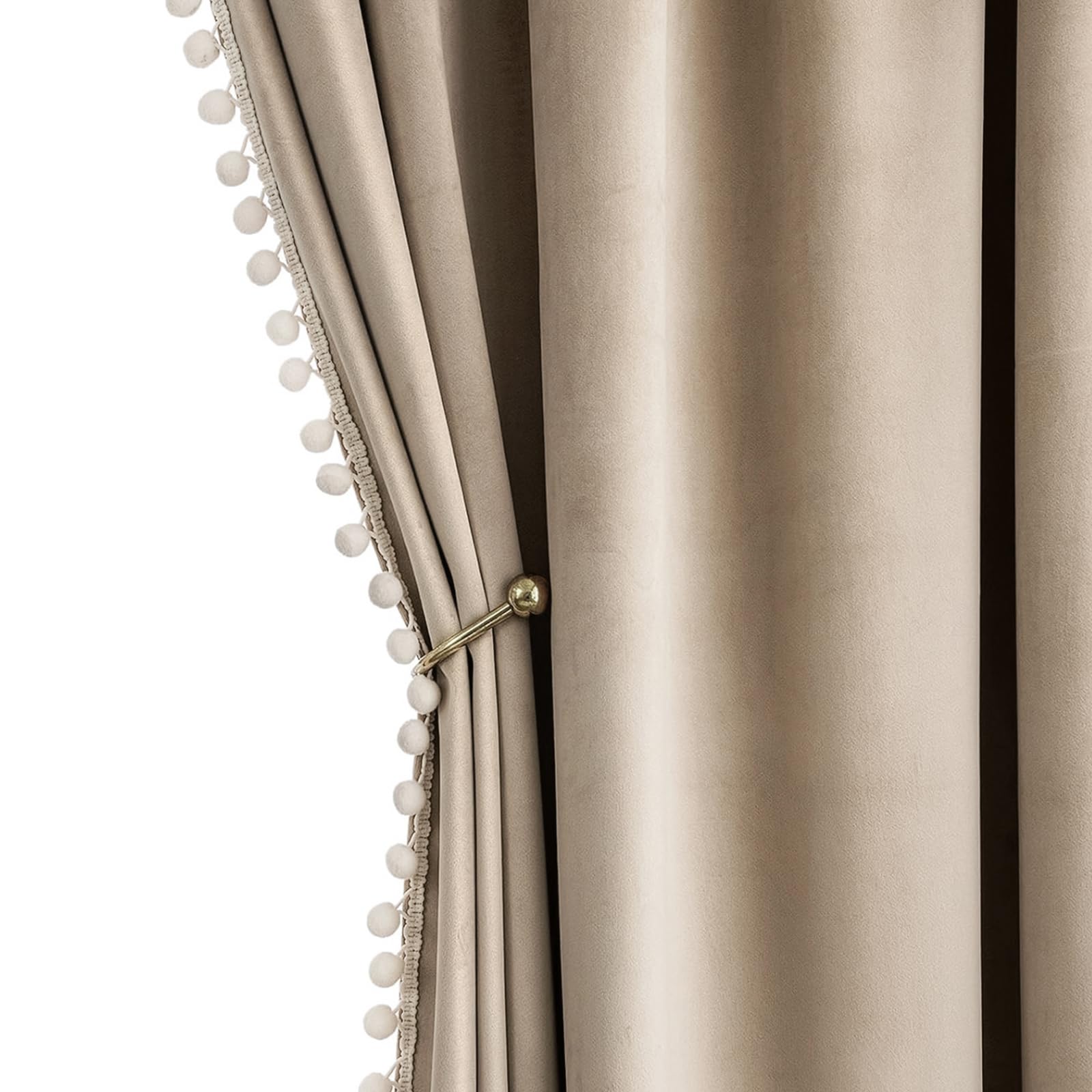 MIULEE Camel Beige Pom Pom Velvet Curtains for Bedroom/Living Room Darkening Thermal Insulating 63 Inches Long Blackout Curtains with Rod Pocket for Girls Room/Nursery/Home Theater Set of 2 Image