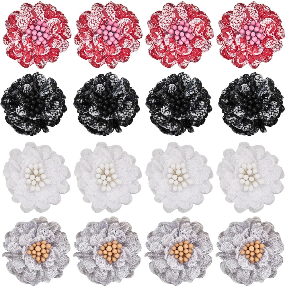 GORGECRAFT 16Pcs 4 Colors Small Cloth Flower 2.8cm Floral Sew on Fabric Mini Lace Embroidered Patch Applique Wedding Dress Embellishments for Clothing Decor Jacket Hat Bag Doll Sewing Crafts