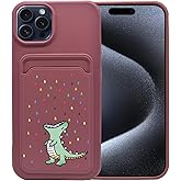 Unov Case Compatible with iPhone 15 Pro 5G Soft TPU Slim Protective Case with Dino Rainbow Dinosaur Dragon Card Holder Back Cover Case Wine Red