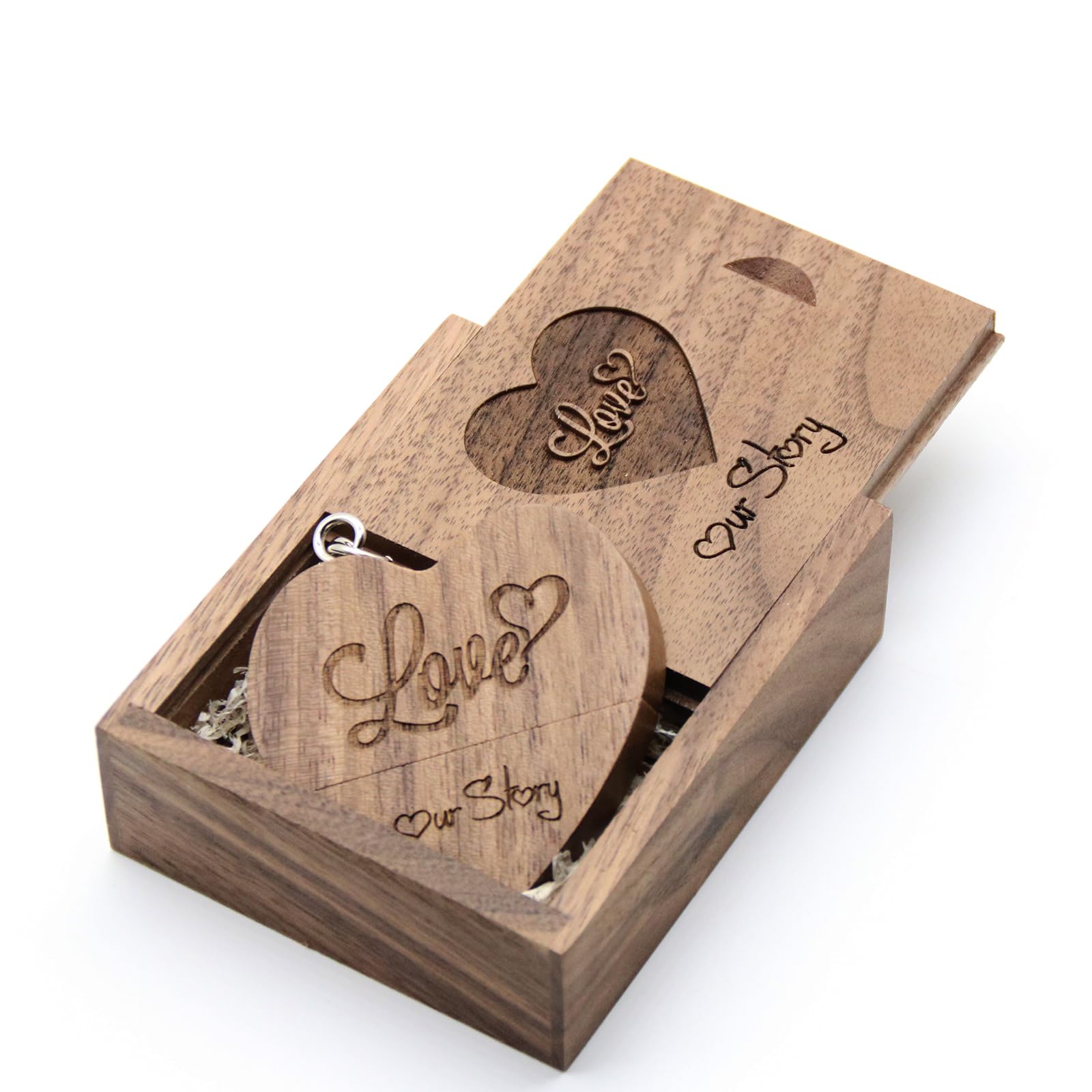 64GB Wooden USB Flash Drive & USB Box with "LOVE" & "Our Story" Engraving Design for Wedding/Bride&Groom/Parents/Photographer (Walnut, 64GB USB3.0)
