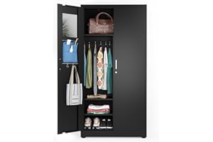 METALTIGER Metal Armoire Wardrobe - Metal Storage Locker with Locking Doors, Armoire with Mirror, Hanging Rods & Accessories, Steel Lockable Closet (72" Wardrobe Key, Black)
