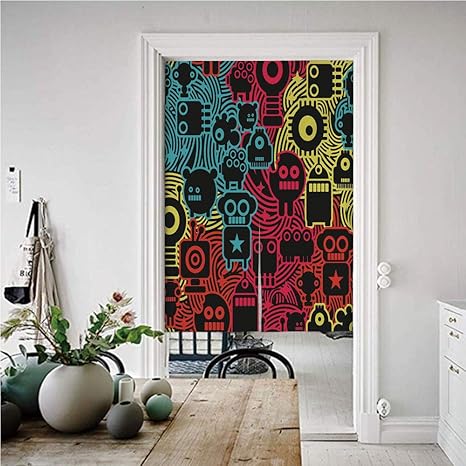 Amazon 現代 目隠し キッチン 玄関 のれん 85 1 かわいいデジタルモンスターとロボット動物未来的な子供の似顔絵イラスト 洗面所 間仕切り リビング 飲食店 出入り口 多色 のれん オンライン通販