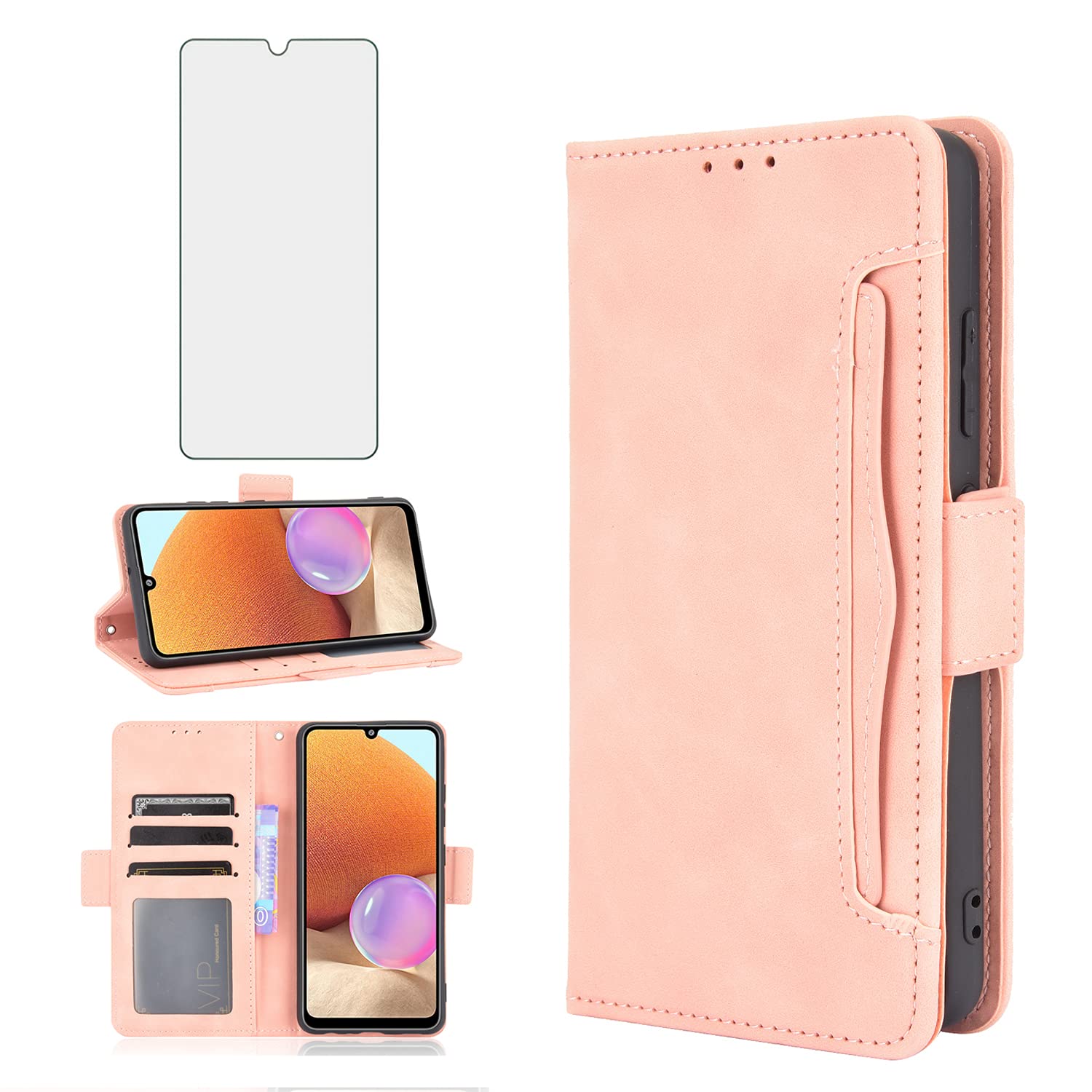 Phone Case for Samsung Galaxy A32 5G 6.5 inch Wallet Purse Leather Flip Cover With Tempered Glass Screen Protector Card Holder Slot Stand Kickstand Cell Accessories Glaxay A 32 32A S32 G5 A326U Pink
