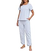 Namatime Womens Pajama Sets Cotton 2 Piece Lounge Set Stripe Short Sleeve Pj Set Comfy Loungewear Sleepwear with Pockets