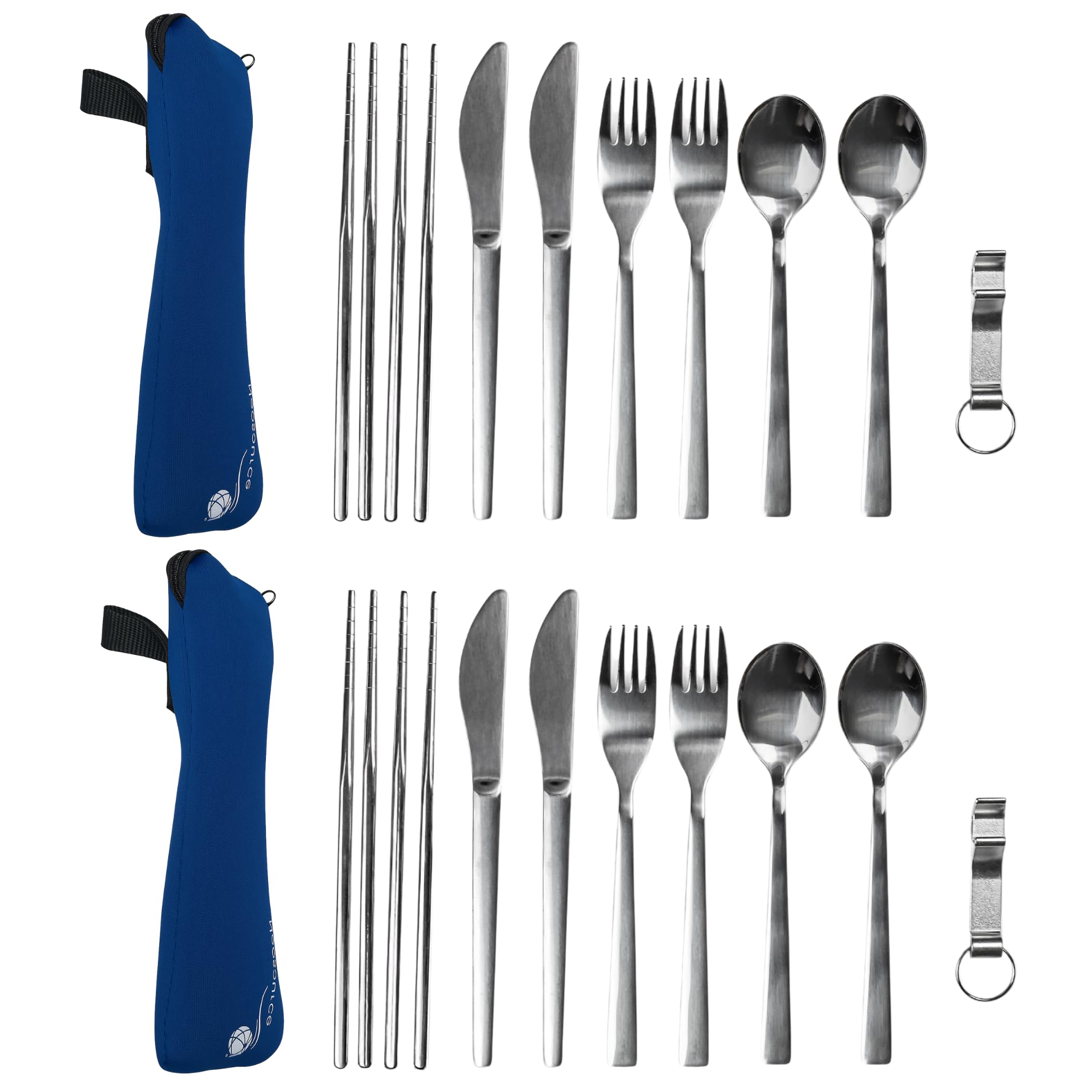 Camping cutlery - 2 person set. Includes 2 sets of cutlery, chopsticks & a bottle opener stored in a washable neoprene bag. Perfect for camping, hiking & picnics. By Travelsource.