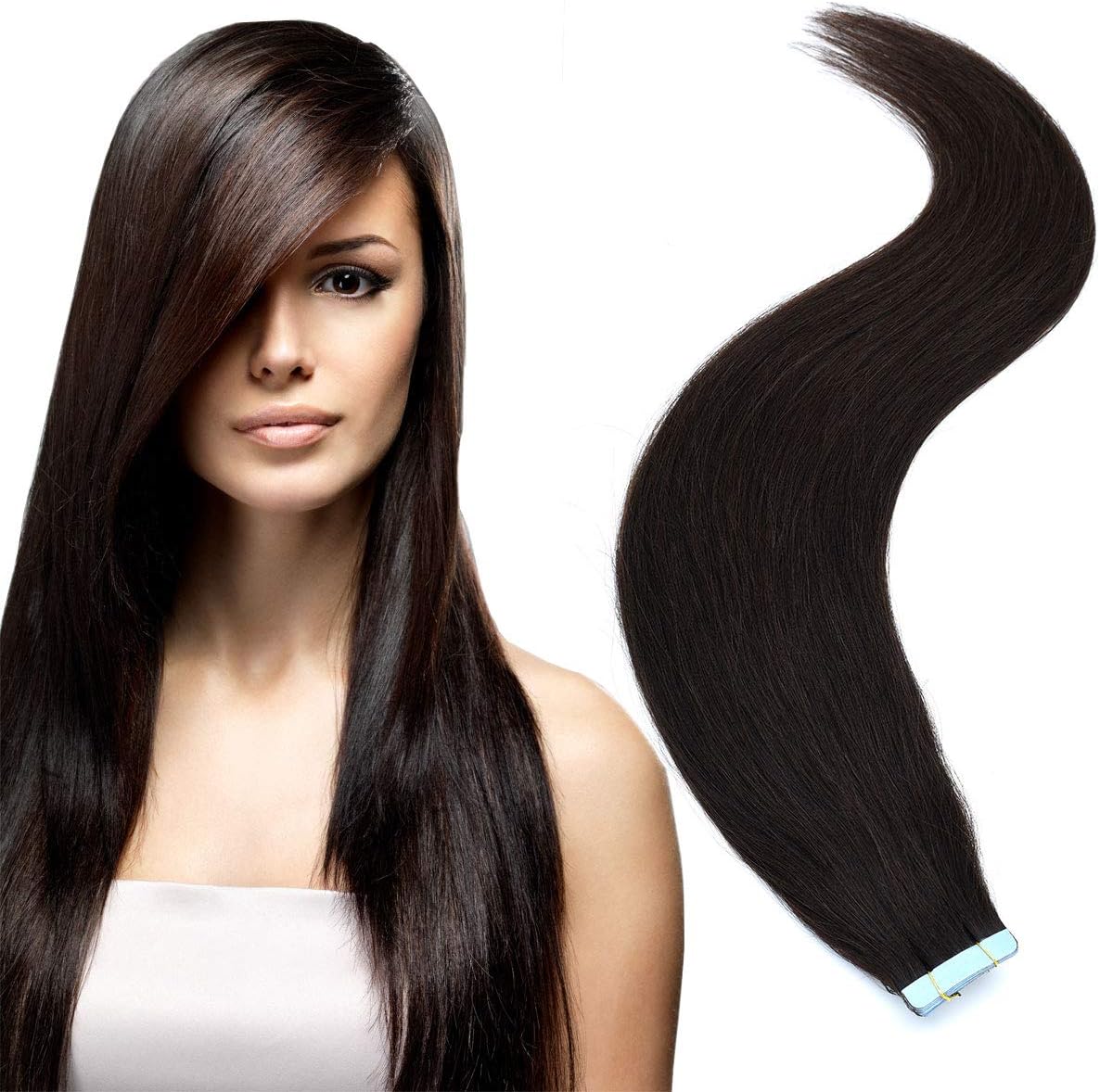 DILUSILK Tape in Hair Extensions Human Hair 100% Remy Hair 20pcs 50g Seamless Skin Weft 18 inch #2 Dark Brown