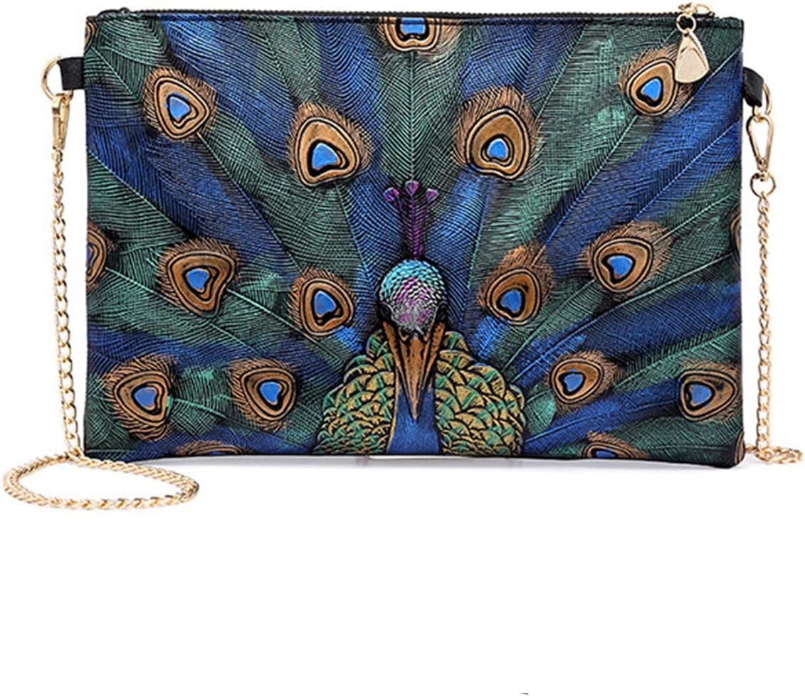 ZKHOECR Womens PU Leather Peacock Painting Envelope Clutch with Chain Strap Bags
