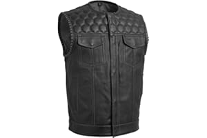 First Mfg Co Hornet Men’s Motorcycle Premium Leather Vest, Beehive Stitch, Rolled Collar, Honeycomb Quilted Top, YKK Zippers