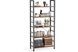 DUMOS 5 Tiers Bookshelf, Classical Modern Book Shelf, Tall Display Shelves in Living Room/Home/Office, Storage Organizer for CDs/Books/Movies, Rustic Brown