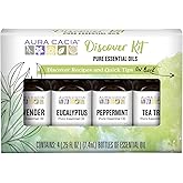 Aura Cacia Discover Essential Oils Kit, 4-Pack, Lavender, Eucalyptus, Peppermint & Tea Tree Oils, Excellent Starter Set