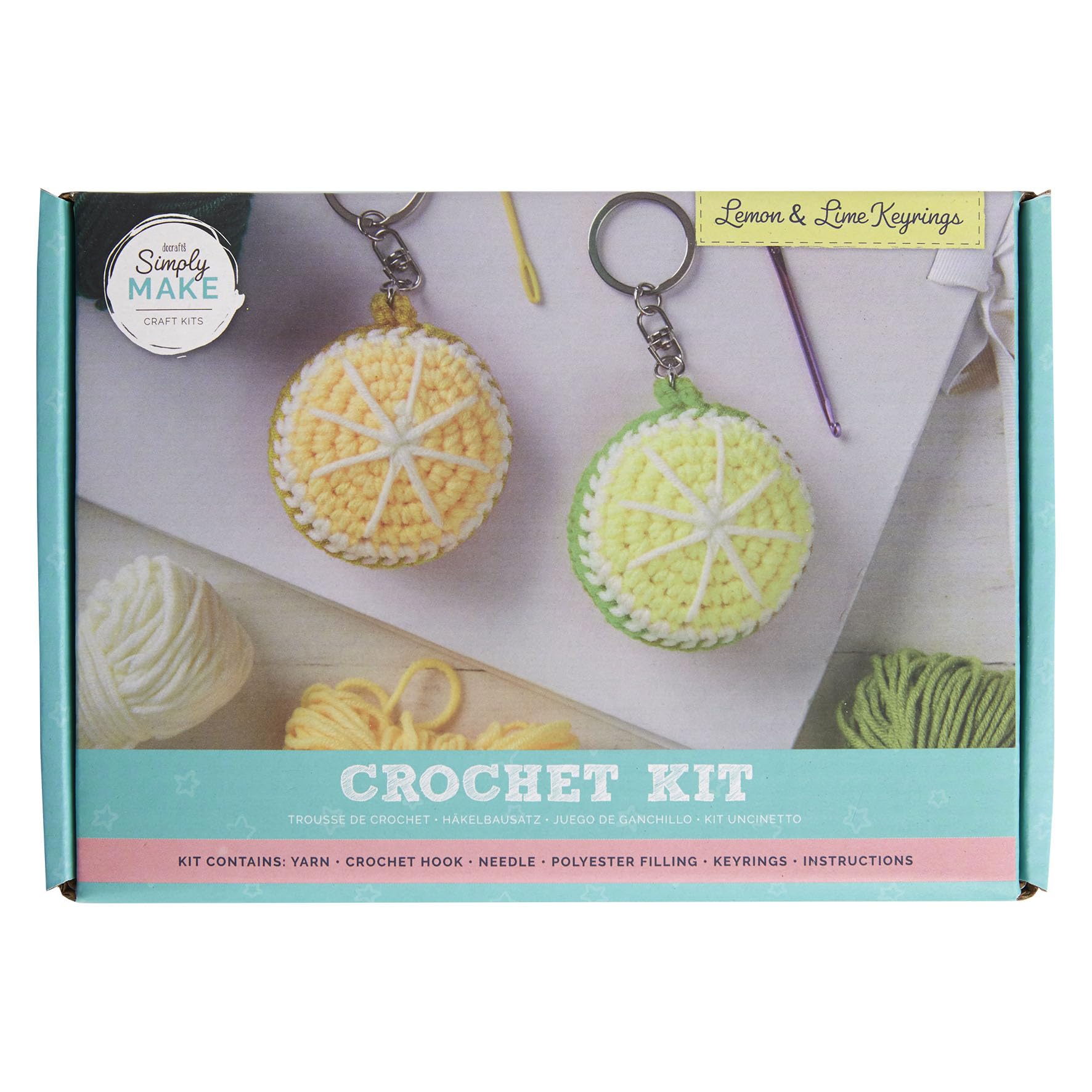Simply Make Docrafts Crochet Key Ring Craft Kit Lemon and Lime Fruit Bright Coloured, Contains All Supplies Needed, Hobby Craft for Adults and Older Children, Great for Bags, Keychain, Decoration