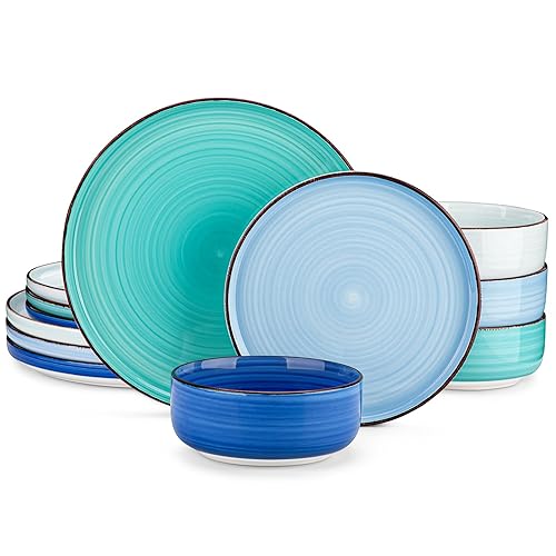vancasso Bonita Blue Dinnerware Sets, Plates and Bowls Set for 4, 12 Pieces Stoneware Dinnerware Set, Dishwasher and Microwave Safe
