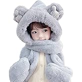 Kids Winter Hat Scarf Mittens 3 in 1 Faux Fur Hat Hooded Scarf Earflap Cap Neck Warmer Fuzzy Hoodie Ski Snow Cap Gloves Set