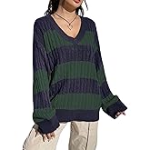 Women Y2K Striped Sweater 90s Vintage Aesthetic Long Sleeve V-Neck Knit Pullover Jumper Loose Fall Sweatshirt