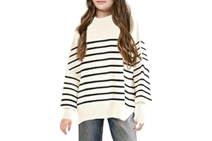 BATERMOON Girls Striped Oversized Sweaters Fashion Batwing Sleeve Side Slit Knit Pullover Clothes 5-14 Years