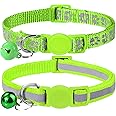 Taglory Reflective Cat Collar Breakaway with Bells, 2 Pack Girl Boy Pet Cat Collar Adjustable 7.5-12.5 Inch, Green