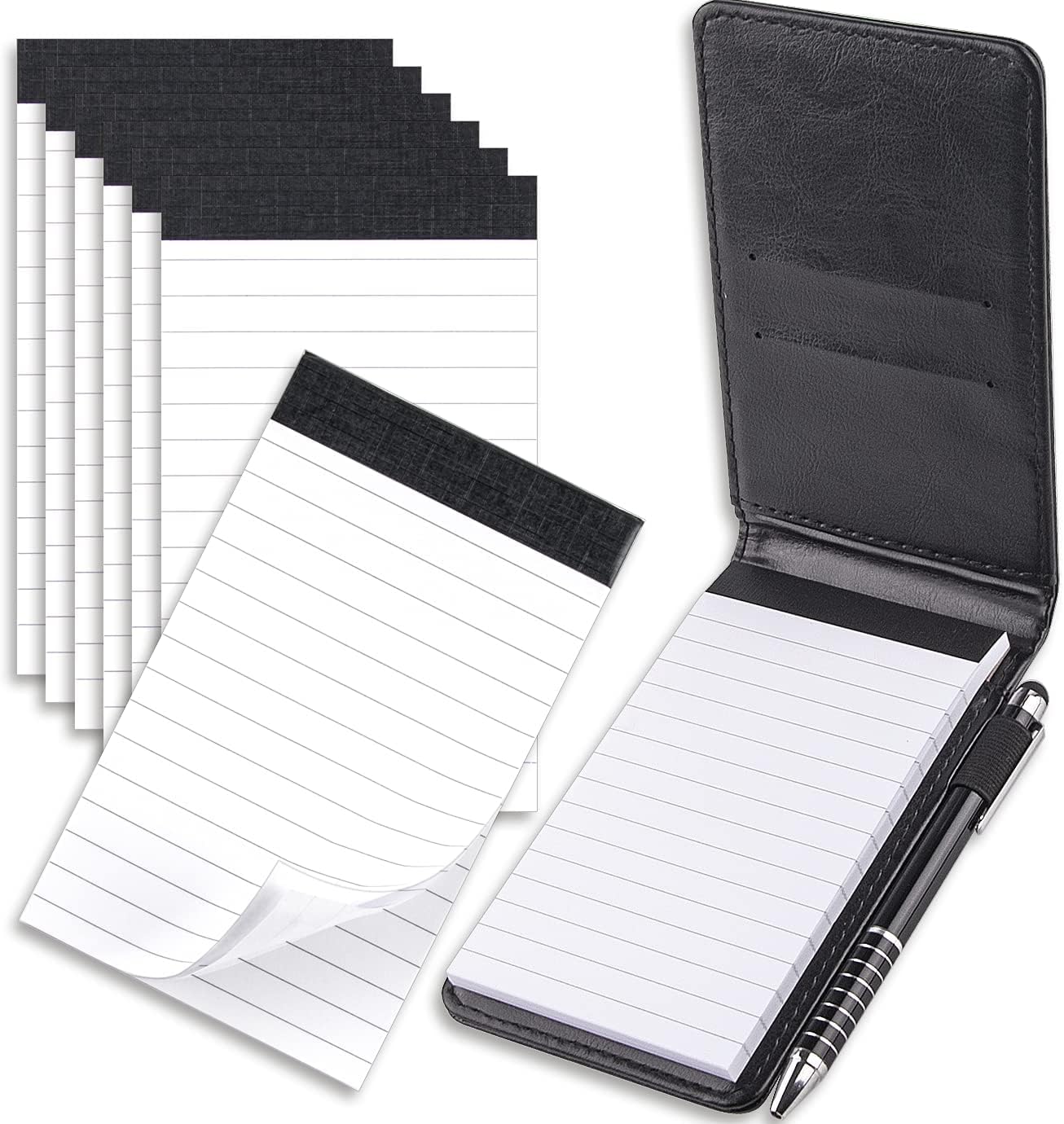 10PCS Mini Pocket Notepad Holder Small Pocket Notebook Set Included with 50 Lined Sheets, Metal Pen and 8 Pieces 3 x 5 Inch Memo Book Refills with 30 Lined Paper Per Note Pad(Black)