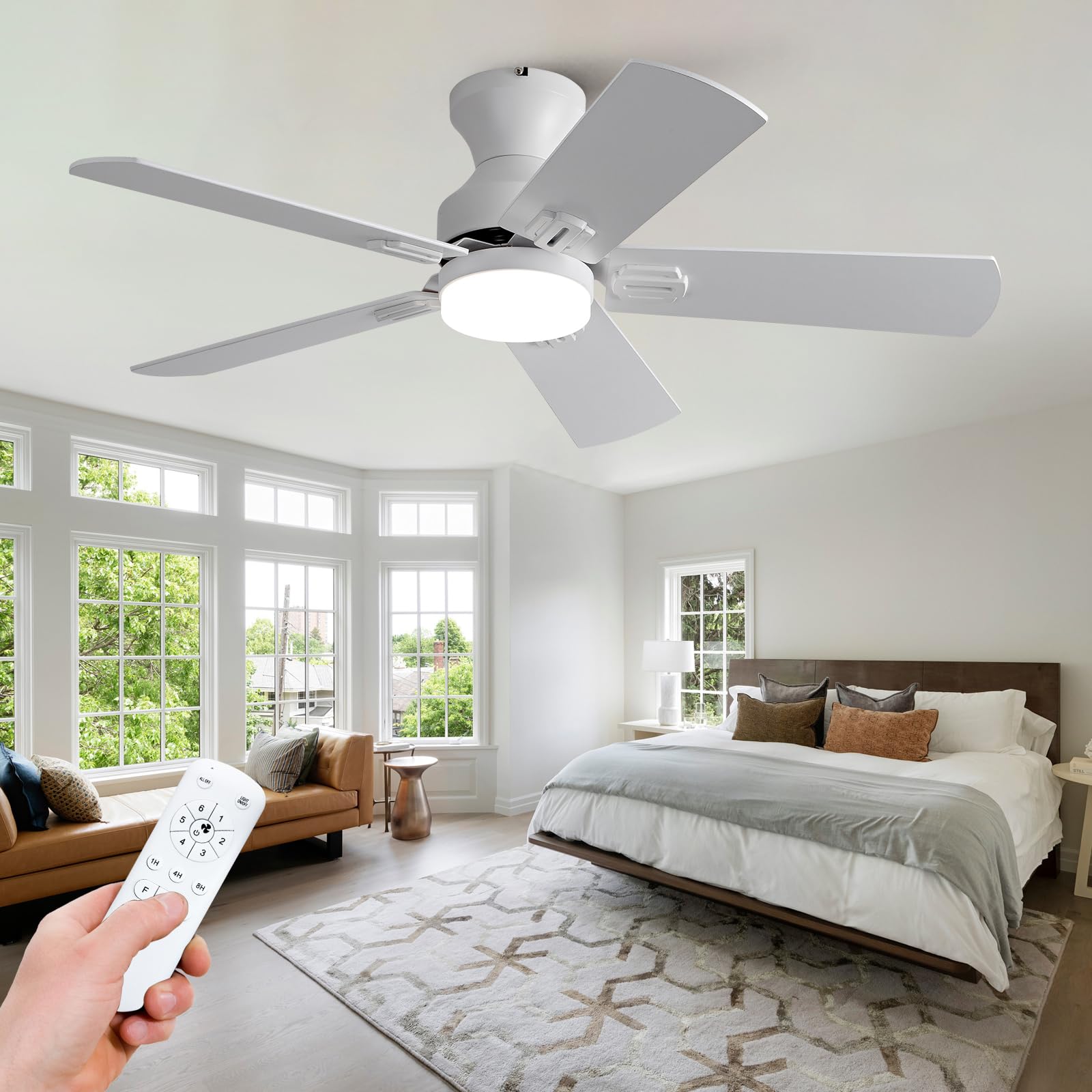 KENSID 42 Inch White Ceiling Fans with Lights and