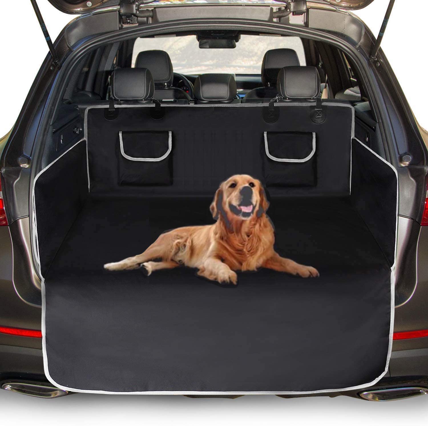 UNIQU Car Boot Cover for Dogs | Waterproof, Nonslip Pet Car Boot Liner Protector | Universal Trunk Dog Blanket with Side & Bumper Protection (Black - Grey Edge)