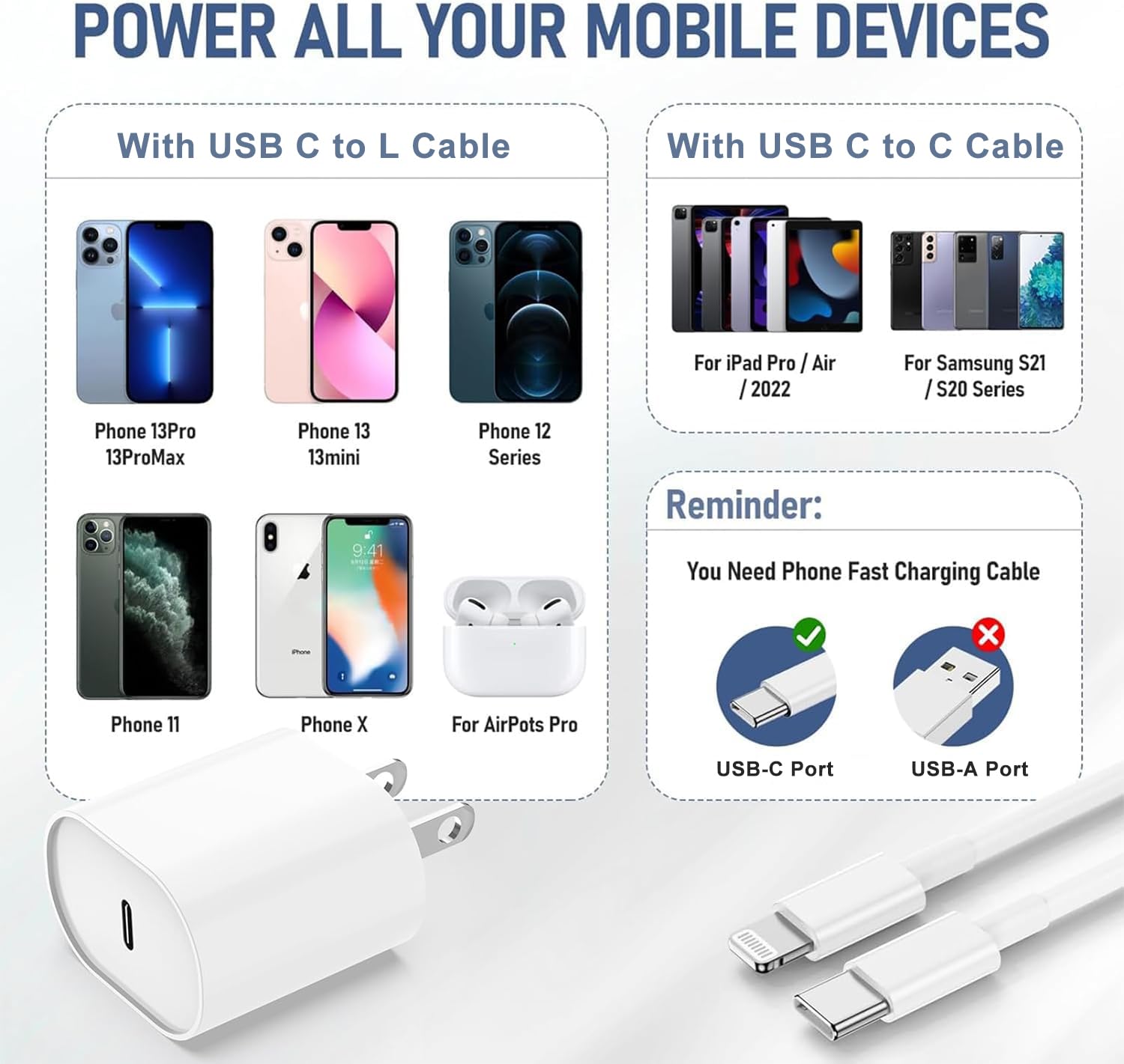 Fast Charger for iPhone 14 13 12 Charge Fast Charging, 2Pack 6FT+10FT USB C to L Cable with 20W USB C for i Phone Charger Block, Compatible with iPhone 14 13 12 Pro/14 Plus/13 Pro Max - White