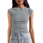 Tankaneo Womens Cap Sleeve Tops Crew Neck Ribbed Knit T Shirt Summer Casual Slim Fit Basic Tees Tshirt