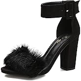 Jiu du Chunky Heels for Women Fur Feather High Heels Open Toe Ankle Strap Fuzzy Fluffy Block Heeled Shoes Prom Party Dance