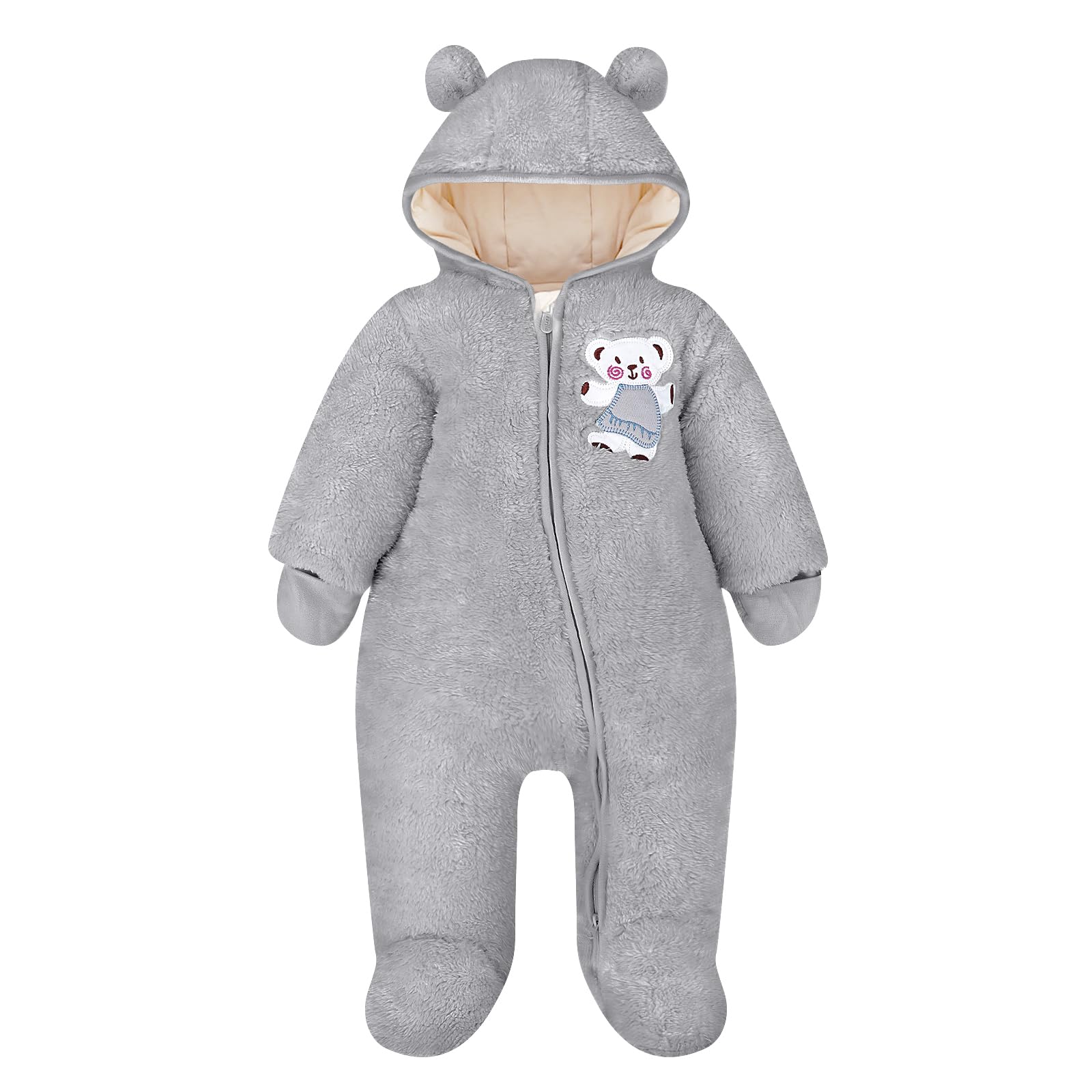 Vine Baby Hooded Fleece Romper Snowsuit Infant Footed Jumpsuit Outwear Outfits, Grey 3-6 Months