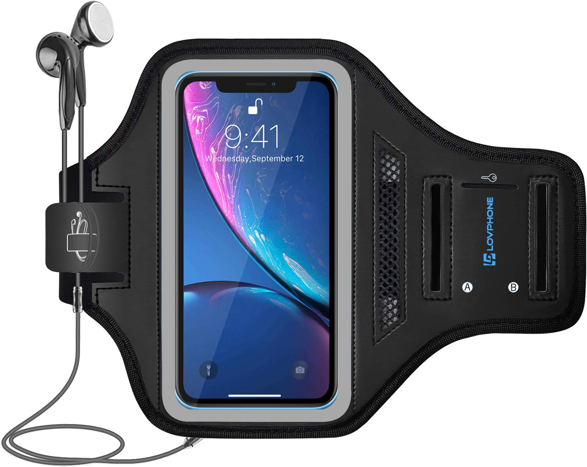 LOVPHONE Armband for iPhone 14/14 Pro/13/13 Pro/12/12 Pro/11/11 Pro/iPhone XR,Waterproof Sport Outdoor Gym Running Key Holder Card Slot Phone Case Bag Armband,Water Resistant and Sweat-Proof (Gray)