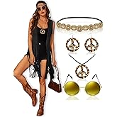 APRROOT 60s 70s Outfits for Women 5 Pcs Accessories Disco Hippie Costume Clothes Halloween Costume Cowgirl Fringe Vest