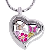 RUBYCA Themed Heart Locket Necklace Crystal Birthstone Living Memory Floating Charm Silver Tone DIY