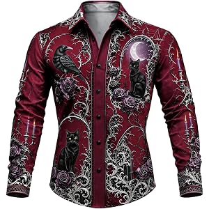 Mens Halloween Shirt Long Sleeve Button Down Gothic Black Cat Raven Print Vintage Casual Dress Shirts