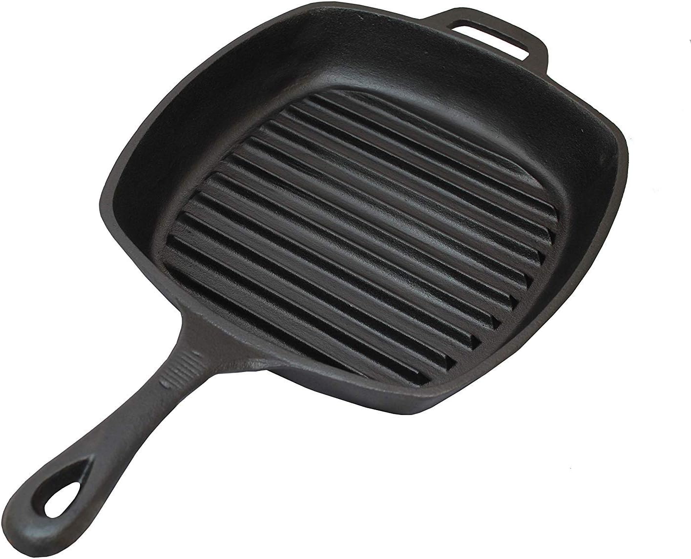 eKitchen Fe+ Fully Seasoned Cast Iron Induction Compatible Square Grill Pan Diameter - 26 cm | 260 mm | 10 Inch (Long Handle), Black