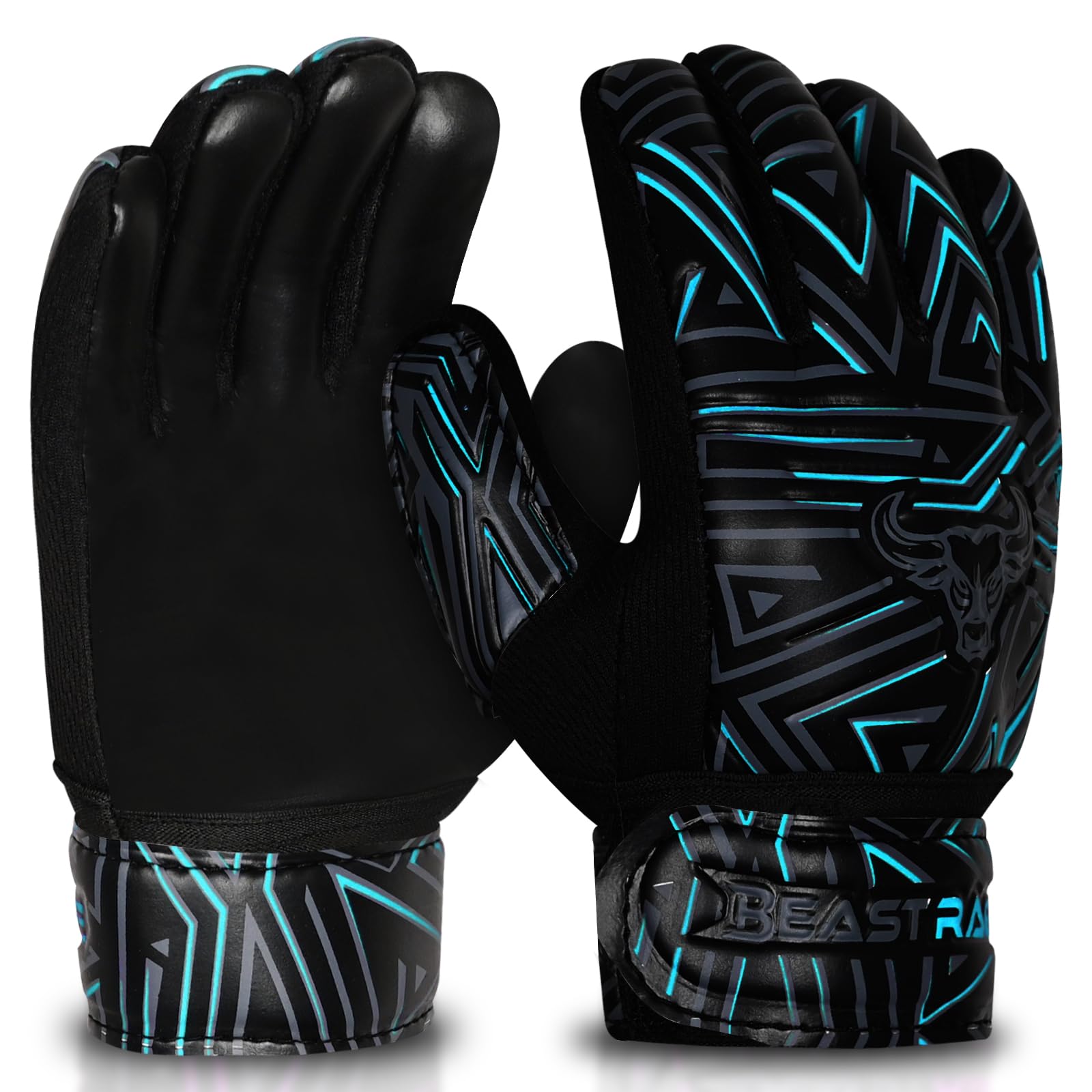 BEAST RAGE Youth Goalkeeper Gloves for Kids,Boys,Girls,Soccer Goalie Gloves Anti-Slip 3 + 3 MM Dumbo Grippy Palm,Extra Grip,Double Wrist Strap,Breathable Mesh (Cyan, Size 4)