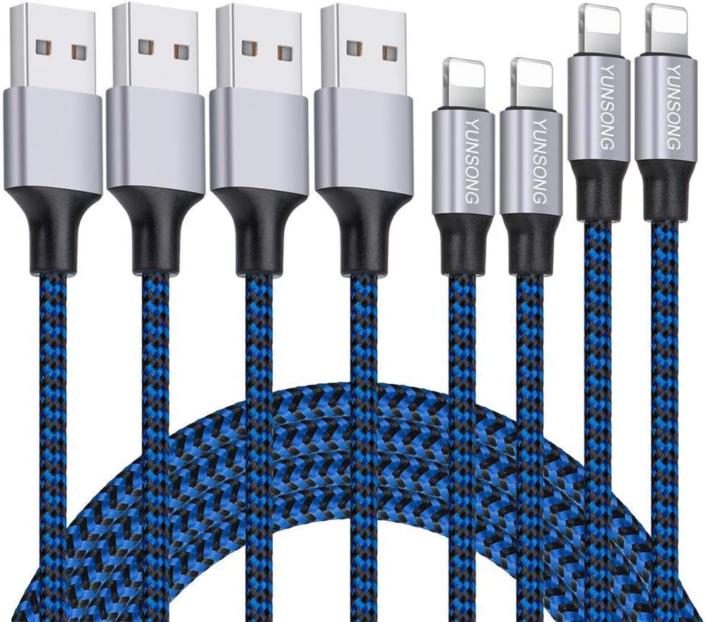 iPhone Charger, YUNSONG 4 Pack (3FT, 3FT, 6FT, 6FT) Nylon Braided Charging Cable Cord Lightning to USB Cable Charger Compatible with iPhone Xs MAX XR X 8 7 6s 6 Plus SE 5S 5C 5
