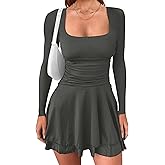 HYPERFIRE Women's Ruched Square Neck Long Sleeve Mini Dress Flowy Short Dresses Party Club