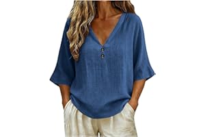 Women's 3/4 Sleeve Blouse V Neck Button Down Shirts Cotton Textured Summer Tunic Tops Loose Fit Casual T-Shirt
