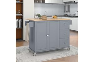 LostCat 53" Kitchen Island with Drop Leaf, Kitchen Island Cart with 3 Drawers & Cabinet, Kitchen Island with Storage, Adjustable Shelf and Spice & Towel Rack for Dining Room,Living Room, Grey Blue