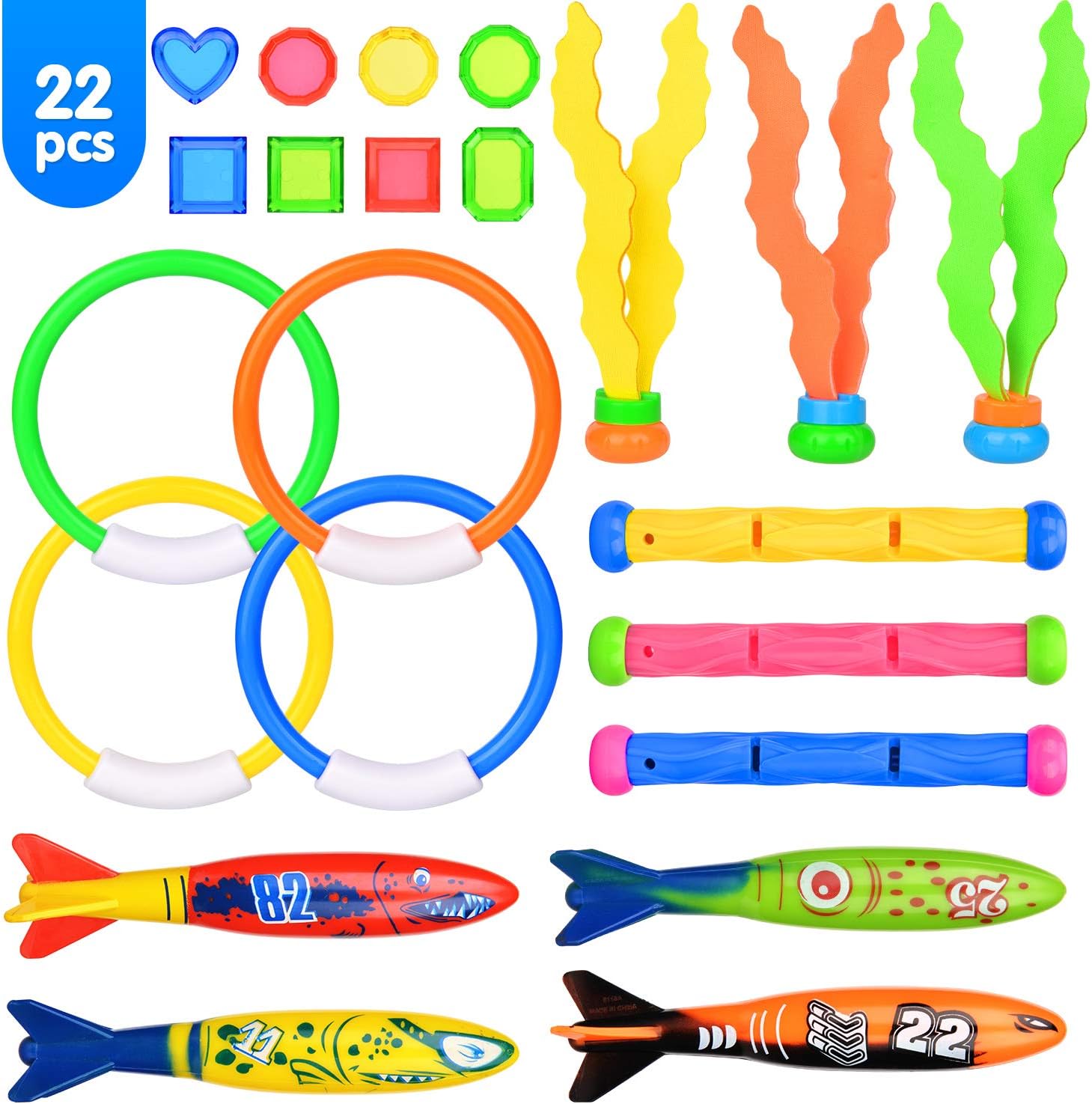 DKINGHOME Diving Toys Swimming Pool for Kids Games Training Toys Set of 22Pcs Dive Sticks Diving Rings Torpedo Bandits Diving Stones and Sinking Seaweed for All Family