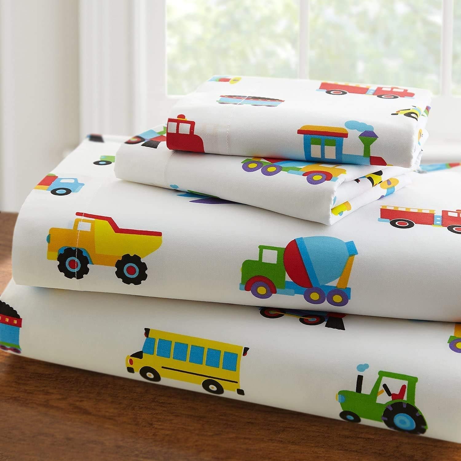 MK Home4 Pc Full Size Sheet Set Police Cars Construction Trucks Airplane Blue Red Yellow Green Black New