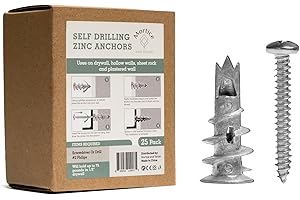 MORTICE AND TENON Mortice & Tenon Zinc Anchors – 25 Pack Self Drilling Drywall Anchors with Screws Kit, No Drill Wall Anchors for Drywall, Heavy Duty Metal Drywall Anchors, 75 lb Hold, Zinc & Steel
