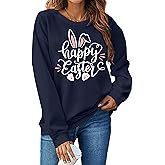 hohololo Women Happy Easter Sweatshirt Bunny Rabbit Graphic Shirt Cute Letter Printed Long Sleeve Pullover