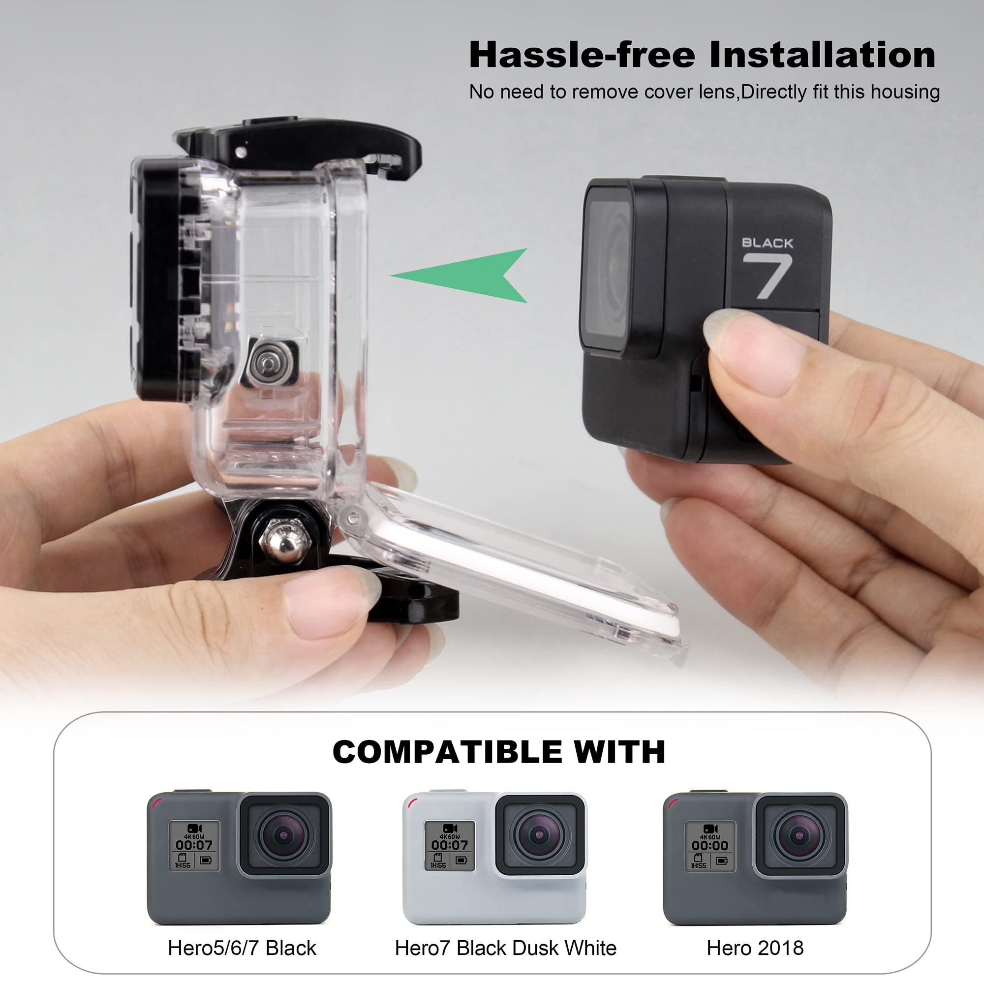 Waterproof Housing Case with Diving Filters for GoPro Hero 5 6 7 Black Hero (2018) Cameras - 45M Underwater Diving Housing Shell with Red/Light Red/Magenta / 5X Close-up Filters