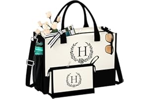 QLOVEA Initial Canvas Tote Bag Makeup Bag, Beach Bag with Zipper, Personalized Birthday Gift for Mom Grandma Sister Friends