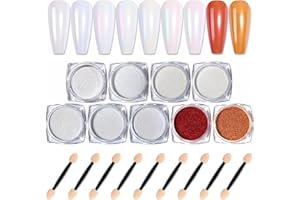 FLANOID 9 Color White Pearl Chrome Nail Powder, Iridescent Aurora Pigment for Metallic Mirror Effect, For DIY Nail Art and Resin Craft