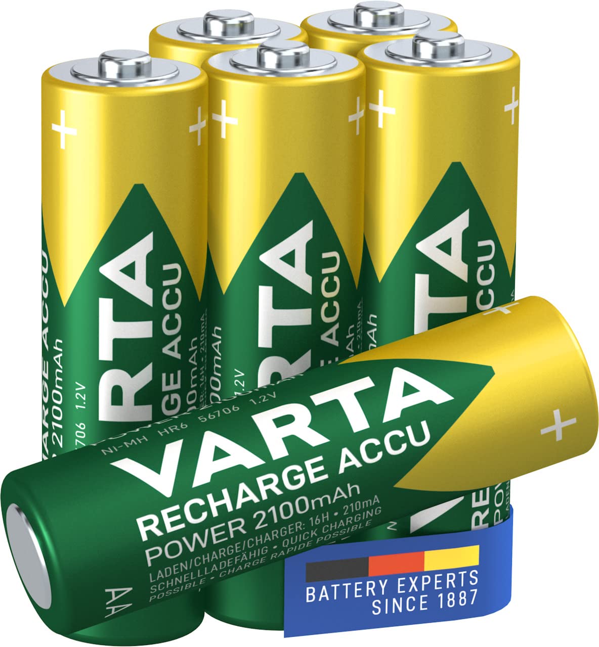 VARTA Recharge Accu Power, Ready-To-use pre-charged AA Mignon NiMH rechargeable battery (6-pack, 2100 mAh) - without memory effect