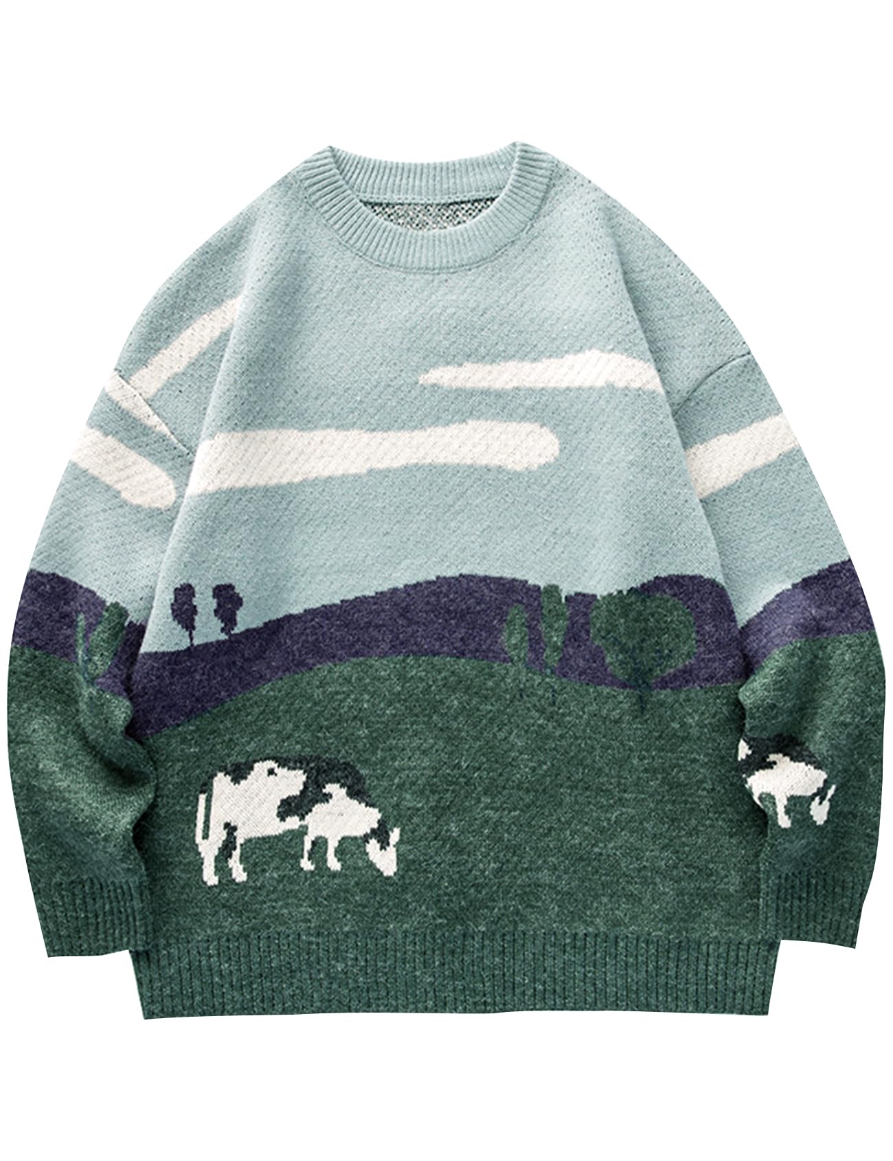 Photo 1 of Kissonic Mens Vintage Oversized Sweater Cow Long Sleeve Crew Neck Knitted Grassland Pullover Jumper Unisex Tops(Grey-L)
