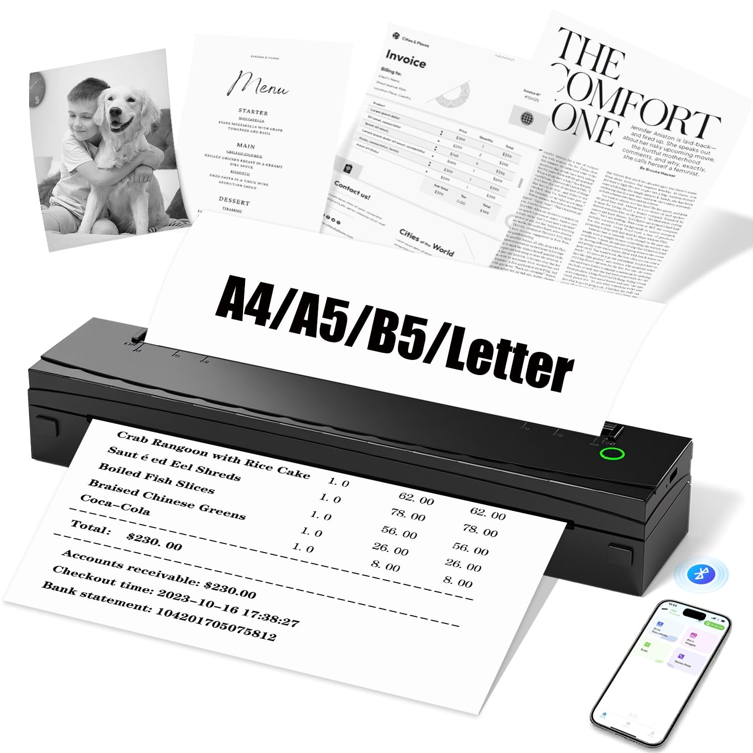 Photo 1 of NDYIN Portable Printer Wireless for Travel, D80 Thermal Printer, Inkless Printers, Compatible with iOS, Android, Laptop, Supports 8.5" x 11" US Letter & A4 & A5 for Home Use, Office, Vehicles, Black