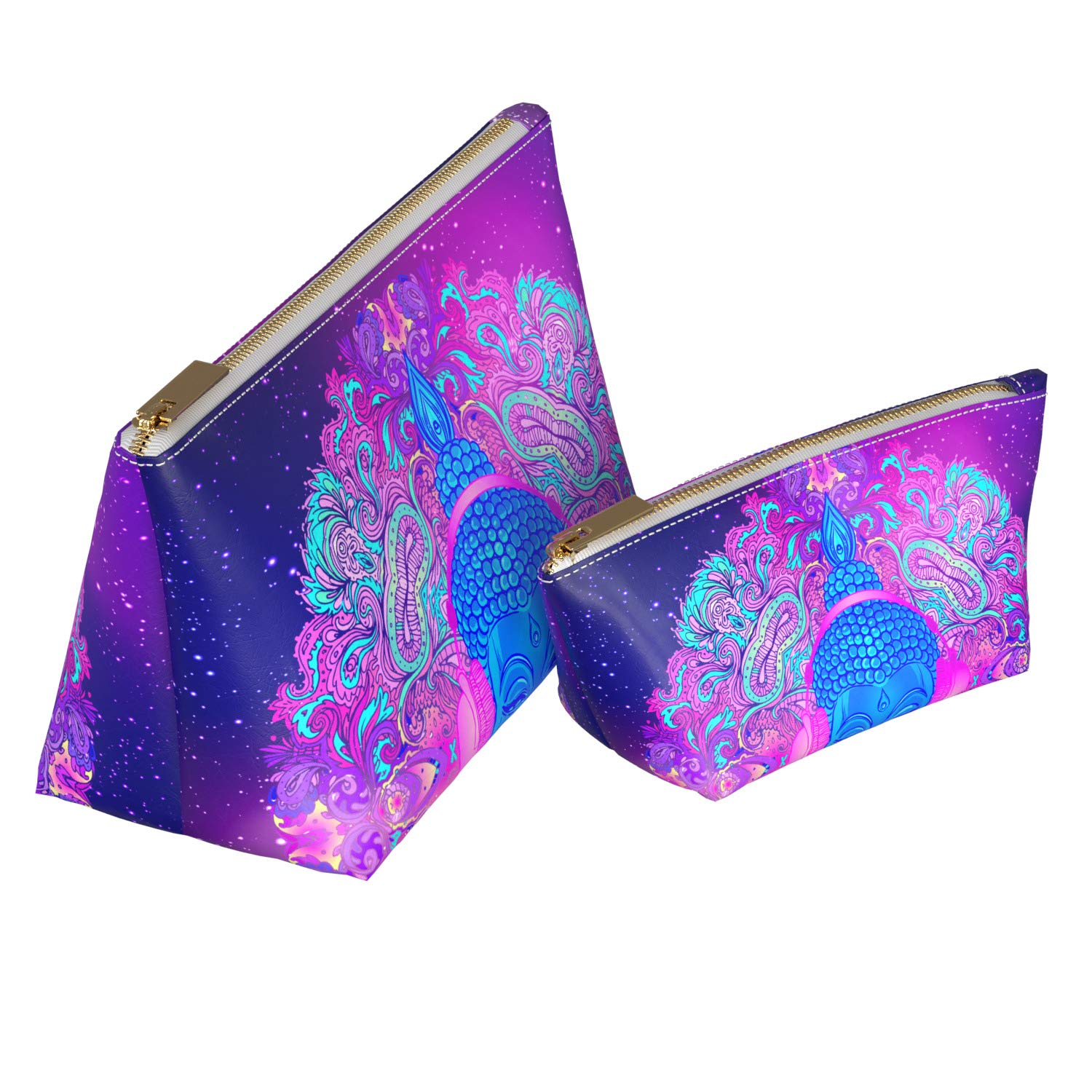 Mertak 2 Pieces Makeup Bag Set Funny Cosmetic Women Gift God Case Buddha Mandala Organizer Trippy Bathroom Travel Music Accessories PU Leather Storage Pouch Girl Zipper Psychedelic Toiletry