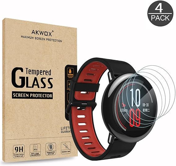 (4-Pack) Tempered Glass Screen Protector for Xiaomi Amazfit, Akwox [0.3mm 2.5D High Definition 9H] Anti Scratch Screen Protector for Huami Amazfit ...