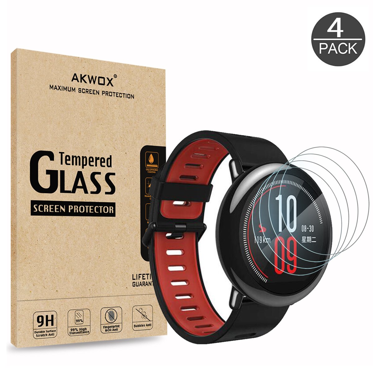 AKWOX [4 Unidades] Protector de Pantalla para Xiaomi Amazfit, [9H Dureza] Cristal Vidrio Templado para Xiaomi Amazfit Cristal Templado